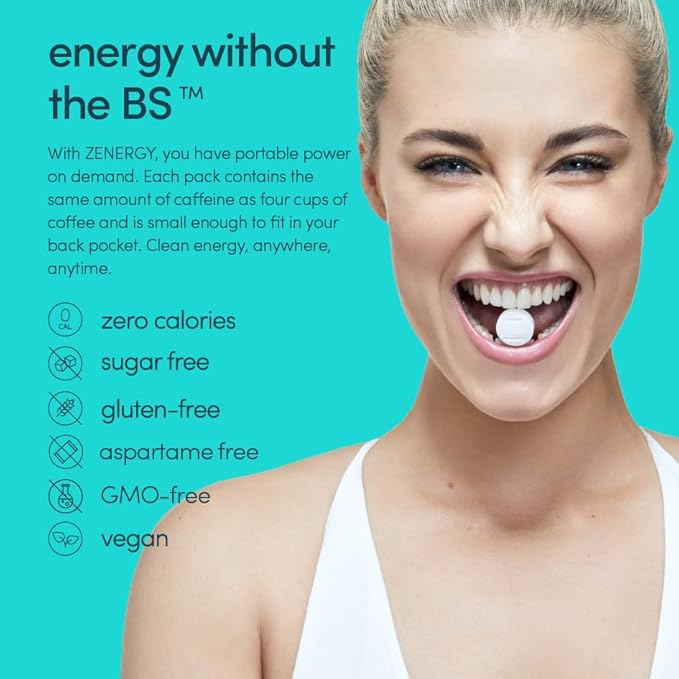 ZENERGY Energy Gum - Mint Flavor | 50mg Caffeine + 35% B6 and 45% B12 Vitamin | Vegan, 0 Sugar, 0 Calories, 0 Gluten, 0 Aspartame, Non-GMO, Instant Action | 12 Pack = 96 Count
