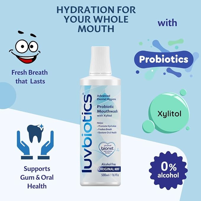 Luv Biotics Alcohol Free Mouthwash with Oral Probiotics, Xylitol for Fresh Breath, Gum Health & Oral Microbiome Support-500ml