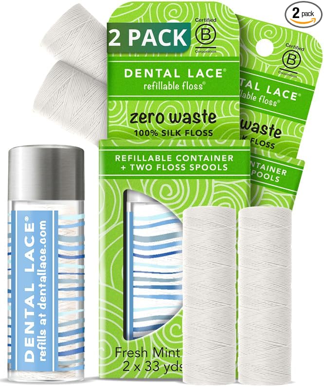 Dental Lace Refillable Silk Dental Floss – 100% Silk Floss with Mint Flavor, PFAS & PTFE Free – 1 Refillable Wave Glass Floss Container and 2 Spools (66 Yards) - Recyclable Packaging (Pack of 2)
