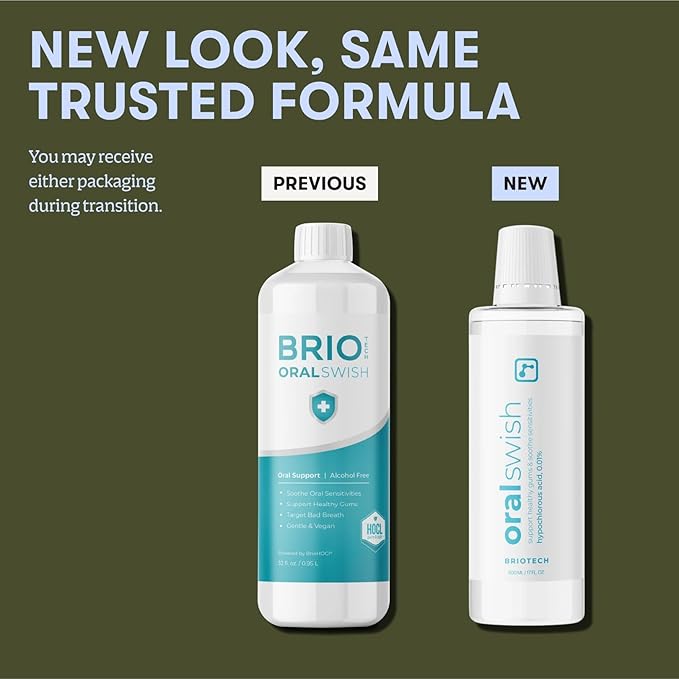 BRIOTECH Oral Swish, Hypochlorous Acid Mouthwash Rinse, Gentle Oral Care Hygiene, Fight Bad Breath, Support Against Plaque, Gum Irritation & Tender Gums, Alcohol & Fluoride Free, 32 fl oz (2 Pack)