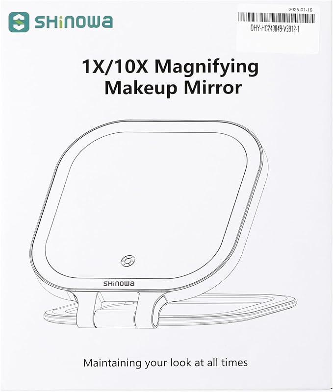Shinowa Rechargeable Travel Makeup Mirror with 72 LED Lights, 1X/10X Magnifying Vanity Mirror with 3 Color Light, Folding Stand, 7 Inch Portable Dimmable Double Sided Compact Lighted Mirror, White