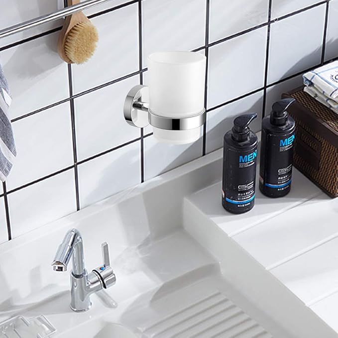 Toothbrush Holder Wall Mounted with Satined Cup with Chrome-Plated Holder,Metal Stainless Steel