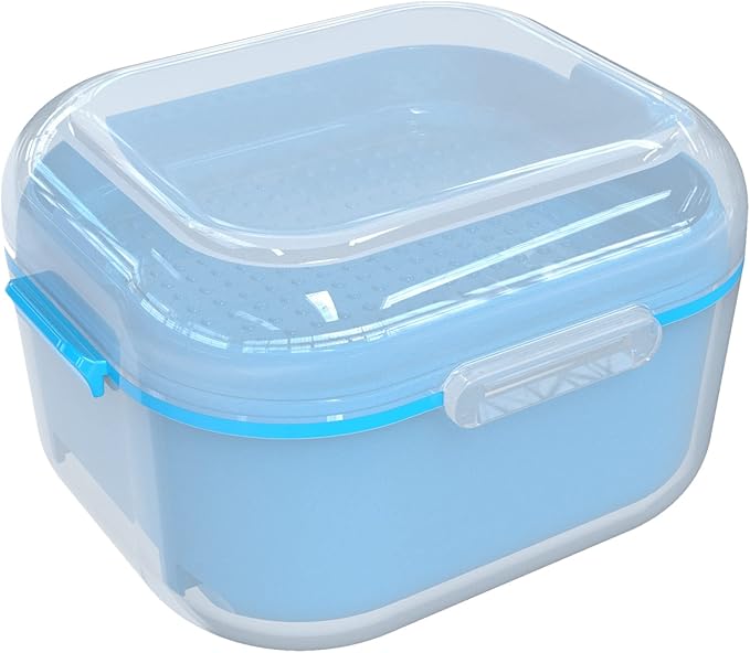ARGOMAX Denture Case, Denture Cup for Soaking Dentures(Not Leak-Proof), Thorough Cleaning of Dentures, Retainer, Mouthguards, Clear Braces (Light Blue).