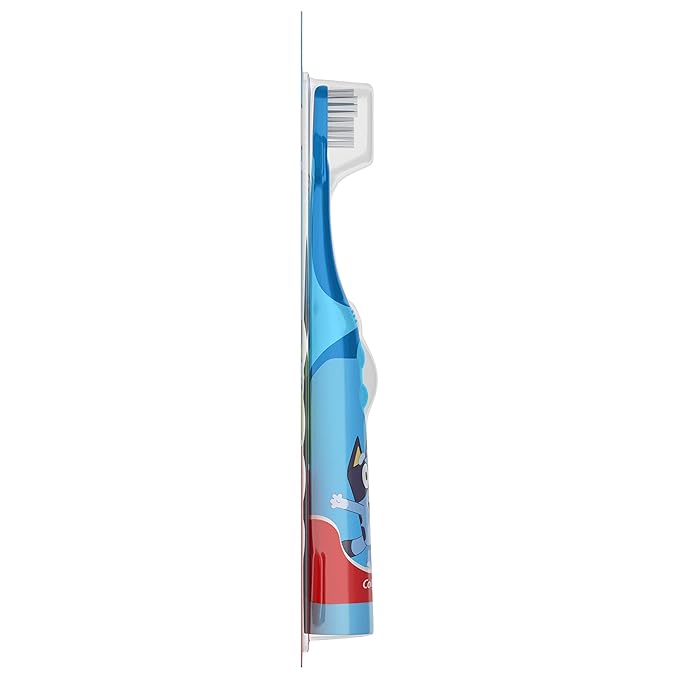 Colgate Kids Battery Powered Toothbrush With AA Battery, Extra Soft Bristles, Flat-Laying Handle to Prevent Rolling, Bluey, 2 Pack