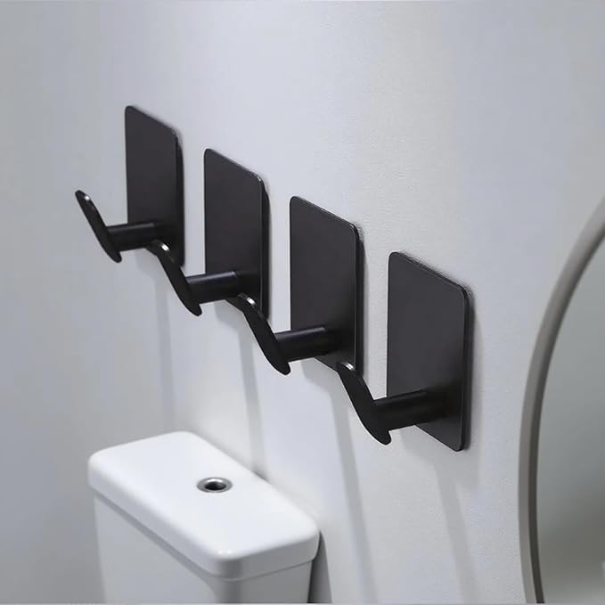4-Pack Stainless Steel Adhesive Hooks,Multi-Purpose Adhesive Wall Hooks for Towel/Keys/Bags,Ideal for Bathroom & Kitchen and RV Accessories (Matte Black)