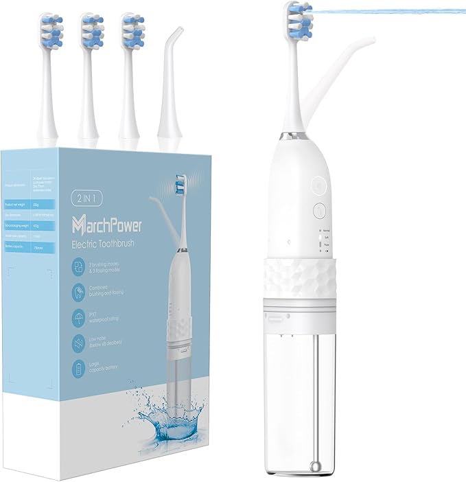 Marchpower Upgraded 2-in-1 Electric Toothbrush with Water Flosser, 3+4 Smart Modes，Portable Oral Irrigator with Point-Jet, Rechargeable IPX7 Waterproof for Home & Travel Use，White