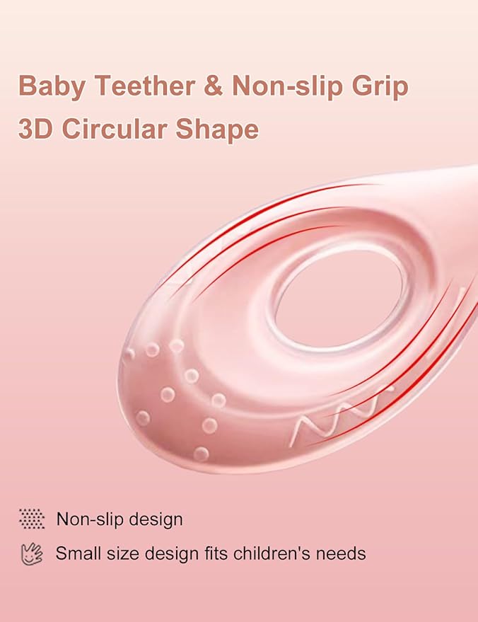 Baby Toothbrush & Teether for Infant and Toddler, Silicone Baby Oral and Tongue Cleaner, Ultra Soft Infant Training Toothbrush with Travel Case, Adjustable Safety Shield - Pink