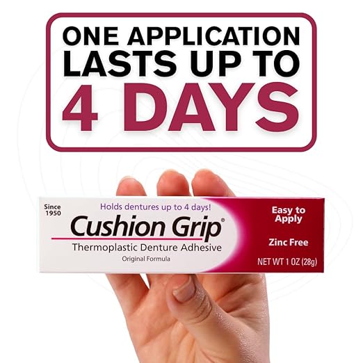 Cushion Grip Thermoplastic Denture Adhesive 1oz (10 Pack)–Extra Strong Hold Up to 4 Days, Unmatched Strength, Waterproof & Zinc Free, Relieves Sore Gums, Comfortable Refit, Long Lasting Denture Refit