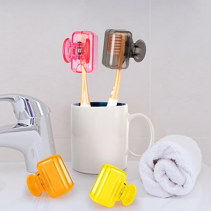 4 Pack Travel Toothbrush Head Covers Toothbrush Protector Cap Brush Pod Case Protective Portable Plastic Clip for Household Travel, Bathroom, Business, Camping, School (Grey, Yellow, Orange, Pink)