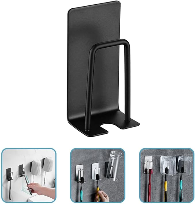 Stainless Toothbrush Rack Wall Adhesive Holder with Cup Black 2pcs Hanging Bathroom Organizer for Electric and Manual Toothbrushes