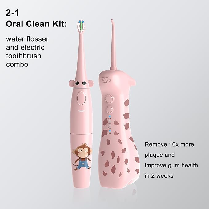 2-1 Kids Oral Clean Kit- Water Dental flosser & Electric Toothbrush Combo for Kids-Brushing & Flossing-Safe & Effective -Cute Giraffe and Monkey Theme