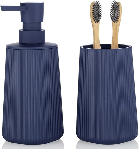 Bathroom Accessories 2 Piece Soap Dispenser and Toothbrush Holder Set Striped Navy Blue