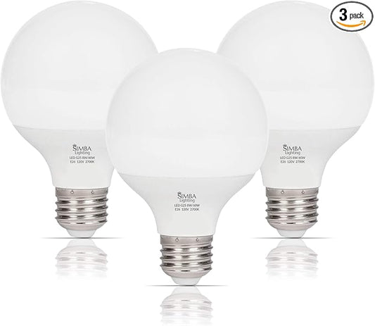 Simba Lighting LED Vanity Globe G25 (G80) Light Bulb for Bathroom, Makeup Mirror | Decorative White Frosted Cover, 8W, 60W Equivalent, 120V, Standard E26 Medium Base, Warm White 2700K, Pack of 3