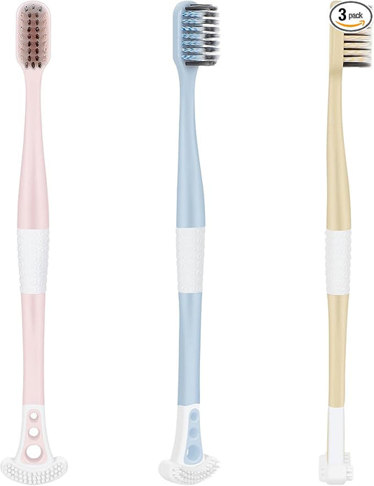 B Rush Extra Soft Toothbrush with Tongue Scraper - Tongue Scrubber with Flossing Bristles for Sensitive Teeth and Gums, Dental Travel Hygiene Brush Fresh Breath for Both Adults and Kids (Pack of 3)