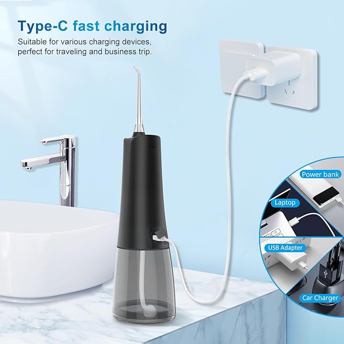 Water Dental Flosser Oral irrigator,JNGOODS 300ml Rechargeable Water flosser for Teeth IPX7 Waterproof 9 Modes Portable Oral Irrigator. LED Display with 4 Jet Tips, Travel Home use (Black)