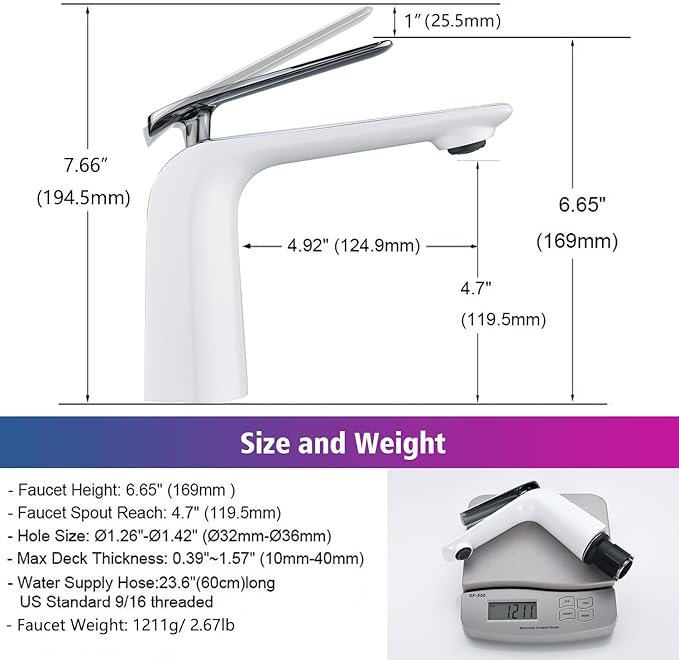 TOCALOCA White and Polished Chrome Bathroom Sink Faucet Single Handle 1 Hole Vanity Sink Faucet Cold and Hot Water Mixer Tap, Single Lever Lavatory Faucet
