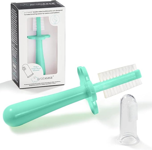 grabease Double-Sided Training Toothbrush - Toothbrush for Toddlers 1-3 with Soft Silicone Bristles & Anti-Choke Shield - Ergonomic Dual-Sided Design for Motor Skills - 1 Count, Mint, 12mo+