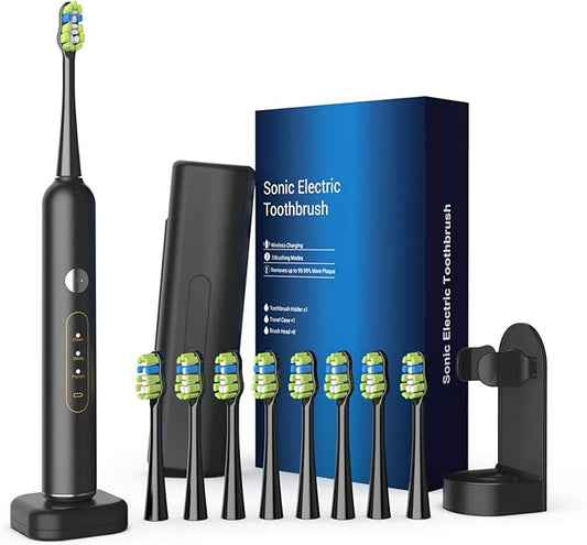 Sonic Electric Power Toothbrush for Adults & Kids,3 Deep Clean Modes IPX7 40000VPM Rechargeable Toothbrush with 8 Brush Heads, Travel Case, 2-Min Smart Timer, One Charge Last 60 Days (Black)