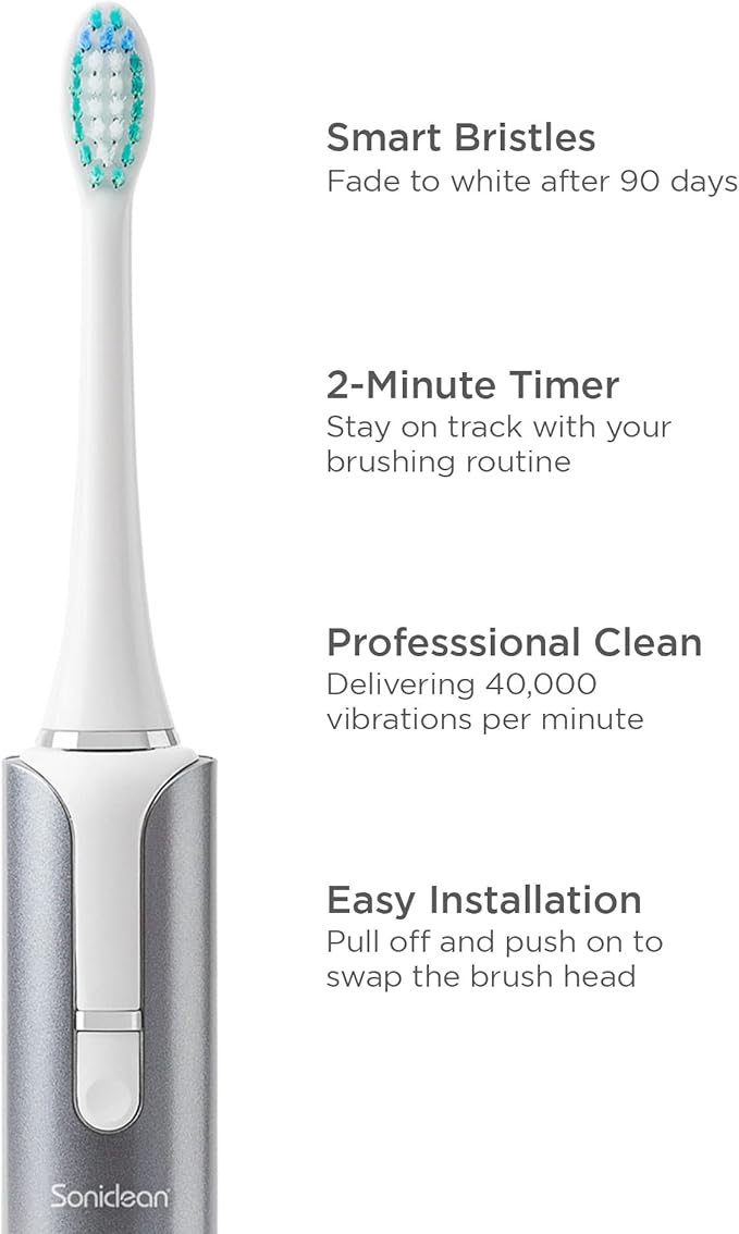 Soniclean Lux Sonic Toothbrush for Adults with 6 Toothbrush Heads, Rechargeable, Automatic, Sonic, Platinum