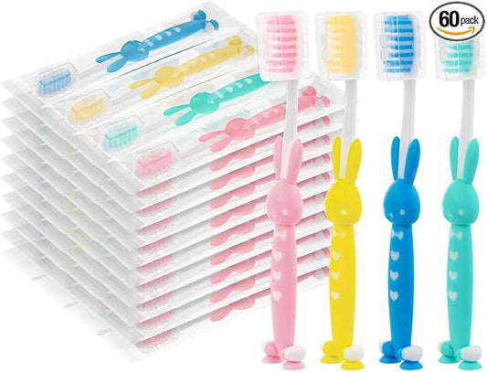 Kids for Toothbrushes In Bulk, Individually Wrapped Toothbrush Cute Manual Soft Bristles Children Disposable Toothbrush With Cover Suction Cup Toddler Toiletries Set for Home/School/Travel (60 Pack)