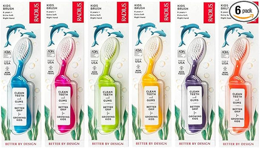 RADIUS Kidz Toothbrush Children's Right Hand BPA Free ADA Accepted Designed to Clean Teeth & Gums for Children 6 Years & Up - Assorted Colors - Pack of 6