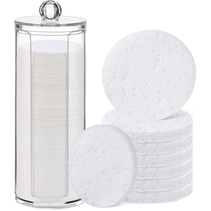 Sieral 120pcs Compressed Facial Sponges Disposable Natural Face Sponges Round Soft Pads with Container for Washing Face Cleansing Exfoliating Esthetician Makeup Removal Travel(White)