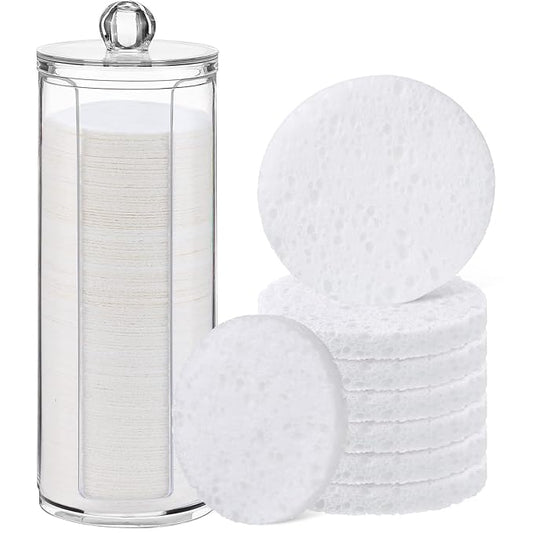 Sieral 120pcs Compressed Facial Sponges Disposable Natural Face Sponges Round Soft Pads with Container for Washing Face Cleansing Exfoliating Esthetician Makeup Removal Travel(White)