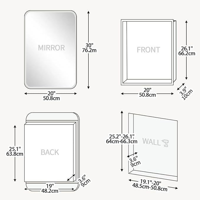 Rectangle Medicine Cabinet with Beveled Edge Mirror, No-Assembly Bathroom Wall Cabinet with Mirror, Adjustable Shelves, Tissue Slot, Recessed or Surface Mount (30" H x 20" W)