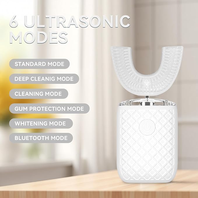 Adult Sonic Automatic Electric Toothbrush, 360° Oral Cleaning Stain Whitening, IPX7 Waterproof Rechargeable, u-Shape Brush Head*3+Straight Handle Brush Head*2 (White)