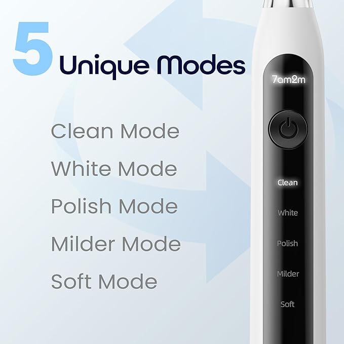 7AM2M Sonic Electric Toothbrush for Adults High Power Rechargeable Toothbrushes with 6 Brush Heads,5 Adjustable Modes, Built-in 2-Minute Smart Timer,3 Hours Fast Charge for 45Days White
