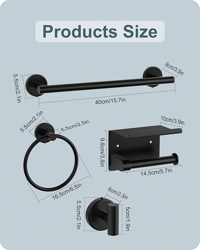 Matte Black Bathroom Hardware Set, 10 Pieces Towel Bar Set Bathroom Accessories with16'' Towel Bar, Towel Ring, Toilet Paper Holder and Towel Hooks