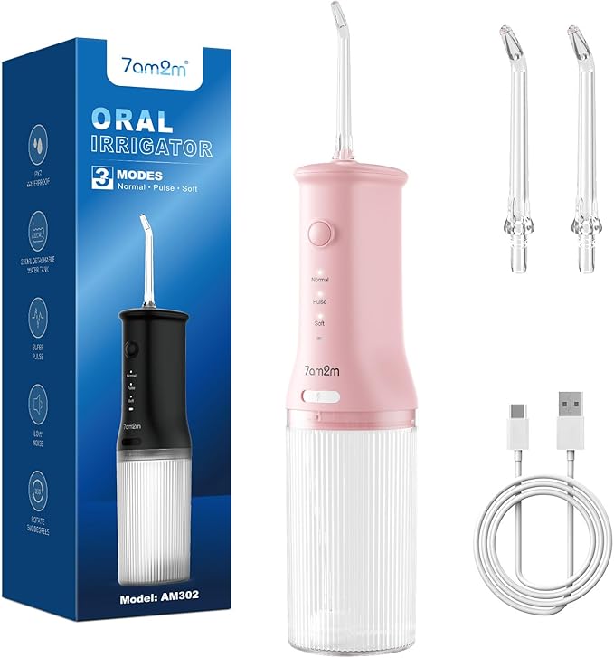 7AM2M Portable Cordless Water Flosser, Oral Irrigator with 3 Modes & 2 Tips, Fast Rechargeable, IPX7 Waterproof, Dental Water Flosser for Travel and Home Use (Pink)