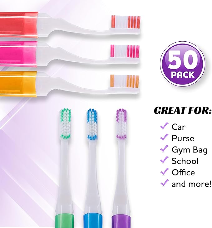 Firm Mini Travel Toothbrush with Cover, Camping Size, Adult Kit (50 Pack Medium)