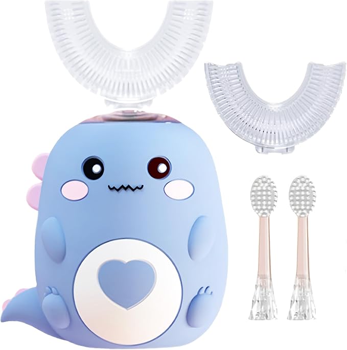 Kids U Shaped Electric Toothbrush with 4 Brush Heads, 360° Sonic Automatic Toothbrush with 3 Cleaning Modes, IPX7 Waterproof Cartoon Dinosaur Design (Ages 2-12)