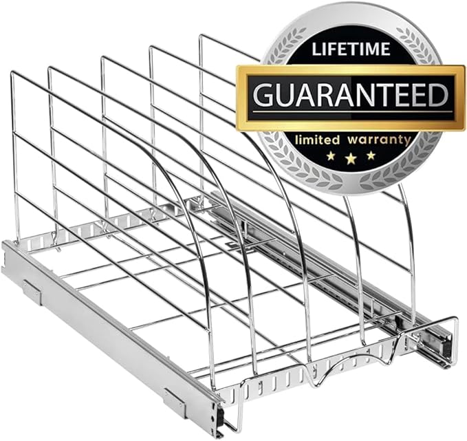 HOLDN’ STORAGE Pull Out Organizer for Bakeware, Cutting Board and Trays, Adjustable Dividers - Heavy Duty, Lifetime Limited Warranty - For Narrow Cabinet Spaces, 8.5”W x 21”D x 11”H, Chrome