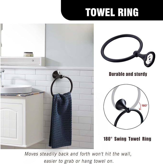 Matt Black Bathroom Accessory Set, Adjustable Towel Bar,Towel Ring,Toilet Paper Holder,Robe Hook 4-Piece Bathroom Hardware Set Wall Mounted (Matt Black)