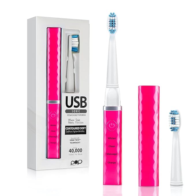 Pop Sonic USB Charge Anywhere Toothbrush (Pink) - Rechargeable Toothbrush w/Up to 40,000 Brush Strokes/Minute -Long-Lasting Dupont Nylon Bristles -Teens & Adult with Quadrant Pacer