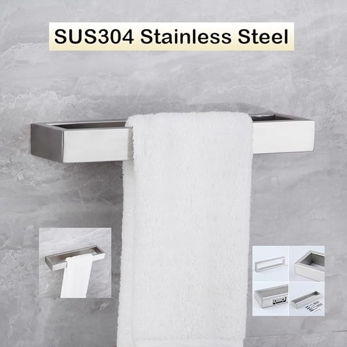 Bathroom Towel Ring Wall Mounted Hand Towel Bar Modern Square Style Towel Rack Brushed Stainless Steel, D69018BN