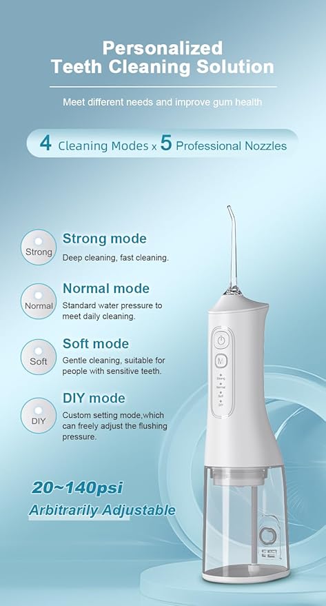Water Flosser, Rechargeable 300ML IPX7 Waterproof Cordless Portable Oral Irrigator with 4 Modes & 4 Replaceable Jet Tips-Flossing Cleaner for Daily Home Use,Travel,Gums,Braces Care-White
