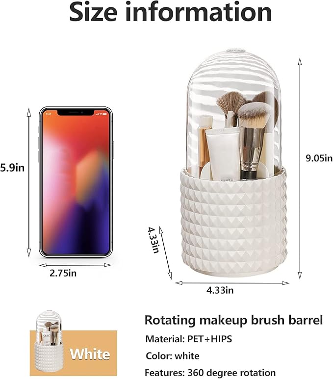 Makeup Brush Holder Organizer with Lid,360° Rotating Dustproof Make Up Brushes Container with Clear Acrylic Cover, Spinning Cosmetics Holders Storage Cup with 5 Compartment for Vanity and Bathroom