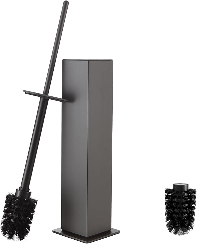 Toilet Brush and Holder Floor Standing, Gun Gray with 2 Replaceable Heads, Bathroom Toilet Brush, Freestanding Toilet Bowl Brush with Removable Liner and Splash Guard, Modern Square Design