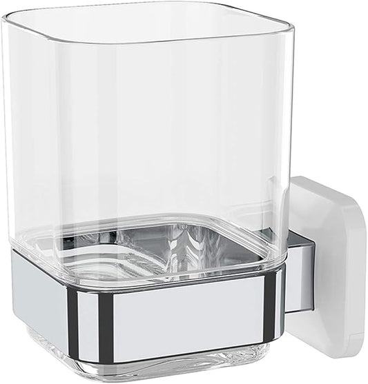 Wall-Mounted Tumbler and Toothbrush Holder, Wall Mounted Adhesive Hanging Electric Toothbrush Organizer Stand for Bathroom, No Drilling Required (White+Chrome, 3.93"X3.93"X2.97")