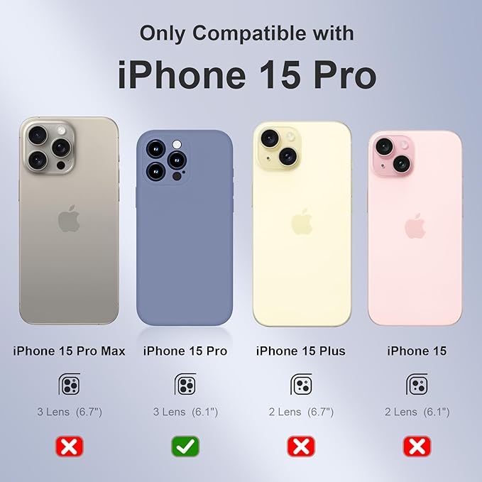 Magnetic for iPhone 15 Pro Case, Compatible with MagSafe, with 9H Nano Screen Protectors, Full Camera Protection, Silicone Shockproof Microfiber Lining Phone Case 6.1", Lavender Gray