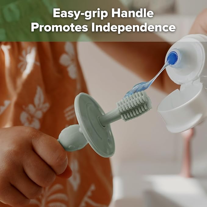 haakaa 360° Baby Toothbrush with Suction Base - Gentle Cleaning for Infant Self-Brushing Training, Food-Grade Silicone, Adjustable Safety Shield - Pea Green (1 Piece)