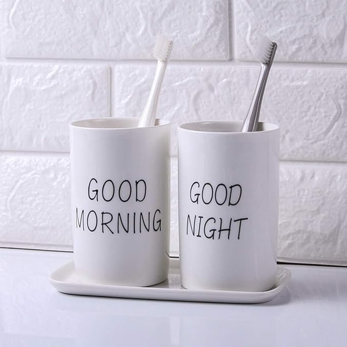Kelake White Ceramic Tumbler for Bathroom Toothbrush, Water, Milk, Drinks - 280 ml Good Morning Cup for Couples - Christmas Birthday