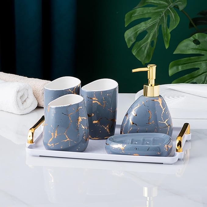 Gray Bathroom Accessories Set,Gold Marble Look Bathroom Decor,Modern 6 Piece Bathroom Accessory Set,Complete with Soap Dispenser,Toothbrush Holder,Tumbler,Tray Countertop