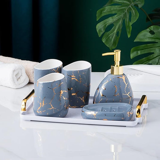 Gray Bathroom Accessories Set,Gold Marble Look Bathroom Decor,Modern 6 Piece Bathroom Accessory Set,Complete with Soap Dispenser,Toothbrush Holder,Tumbler,Tray Countertop
