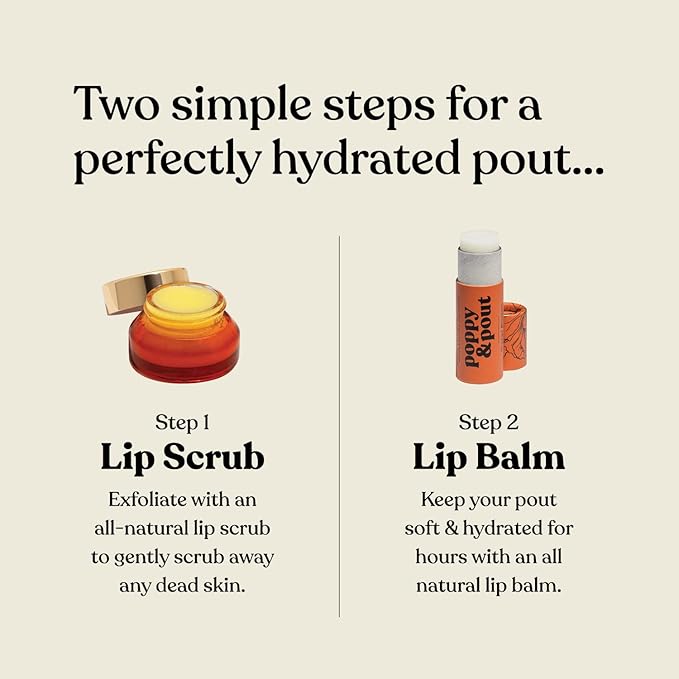 Poppy & Pout Lip Care Set | Lip Balm & Scrub | Sustainable Cardboard Tubes & Glass Jars, All Natural, Beeswax, Coconut Oil, Cruelty Free, Exfoliating & Moisturizing Lip Treatment (Orange Blossom)