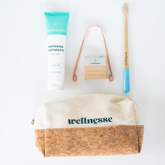 Wellnesse Essential Travel Oral Care Set - Compact Travel Dental Kit w/ 4 oz Whitening Hydroxyapatite Toothpaste, Adult Toothbrush, Copper Tongue Scraper, Silk Floss & Eco-Friendly Pouch, Mint Flavor