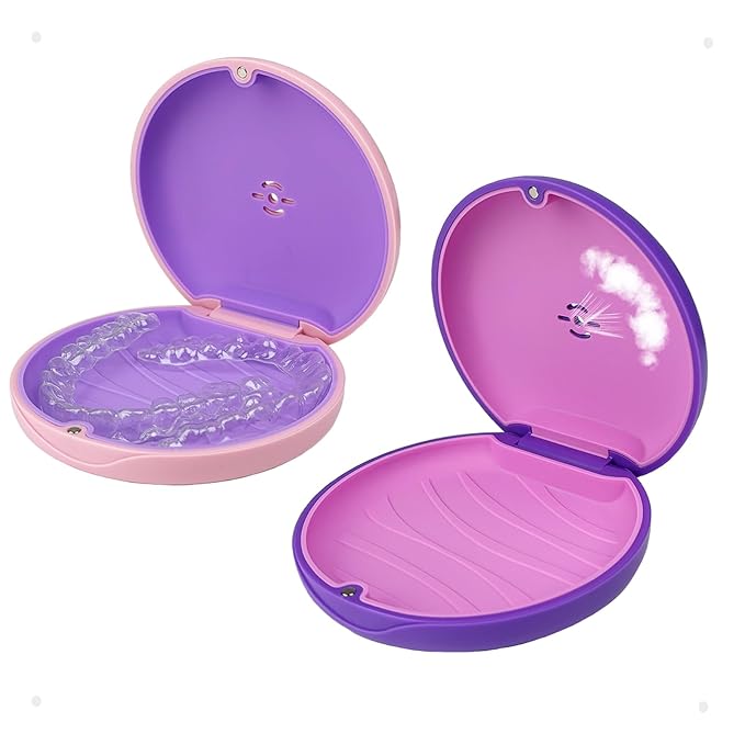 2 Pack Retainer Case,Aligner Case with Vent Holes, Compatible with Invisalign, Mouth Guard Cases，Portable Slim Travel Cute Orthodontic Retainer Cases (Pink Purple)